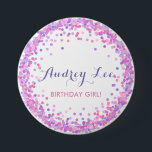 Pink and purple confetti birthday girl 7.5 cm round badge<br><div class="desc">Confetti birthday button for the birthday girl! Featuring fun coloured confetti circles sprinkles of pink,  purple,  lilac and soft grey all around with your birthday girl's info in the centre.</div>