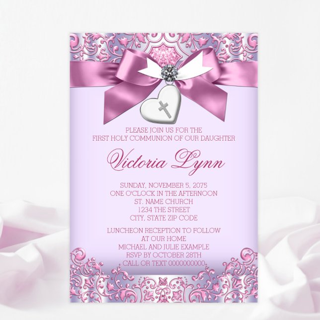Pink and Purple Cross First Communion Invitation (You can change all of the text, font styles, font colors as needed for your event.)