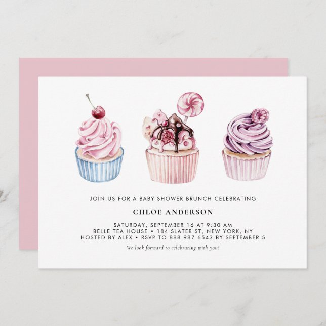 Pink and Purple Cupcakes Baby Shower Brunch Invitation (Front/Back)