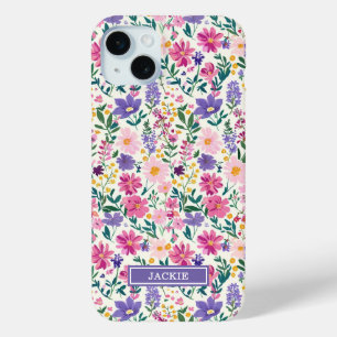 Pink and Purple Ditsy Flowers Monogrammed iPhone 15 Mini Case