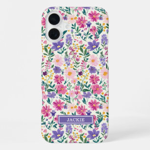 Pink and Purple Ditsy Flowers Monogrammed iPhone 16 Plus Case