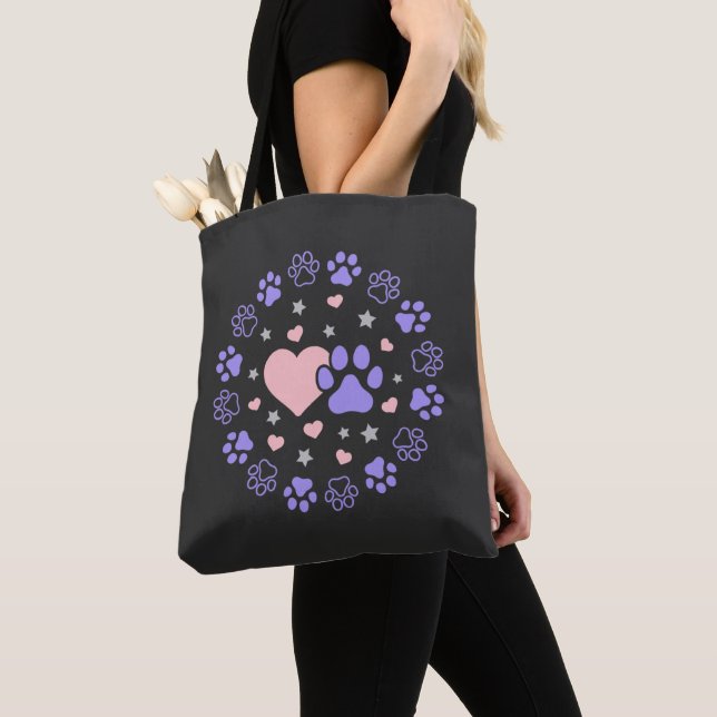 Pink and Purple Dog Cat Pet Lovers Hearts and Star Tote Bag (Close Up)