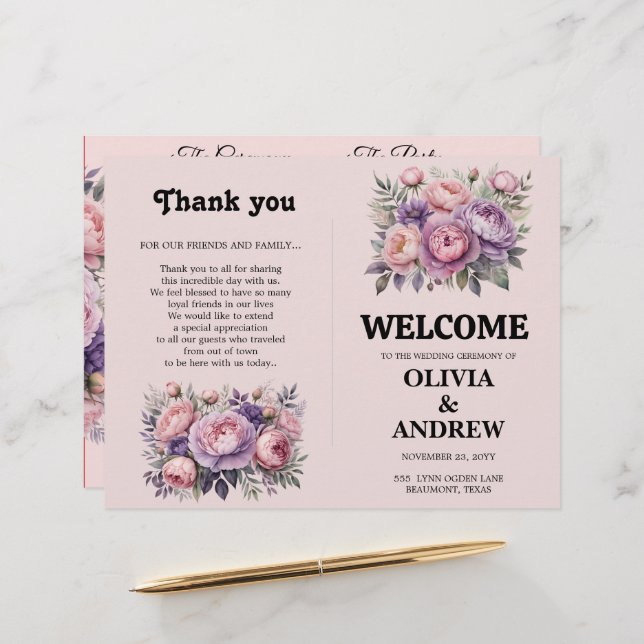 Pink and Purple Elegant Floral Wedding Program (Front/Back In Situ)