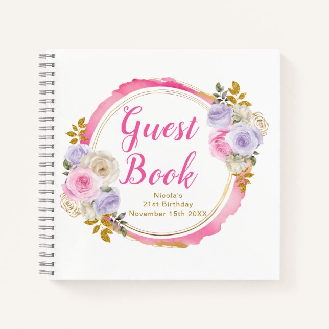 Pink and Purple Elegant Flower Birthday Guest Book (Front)