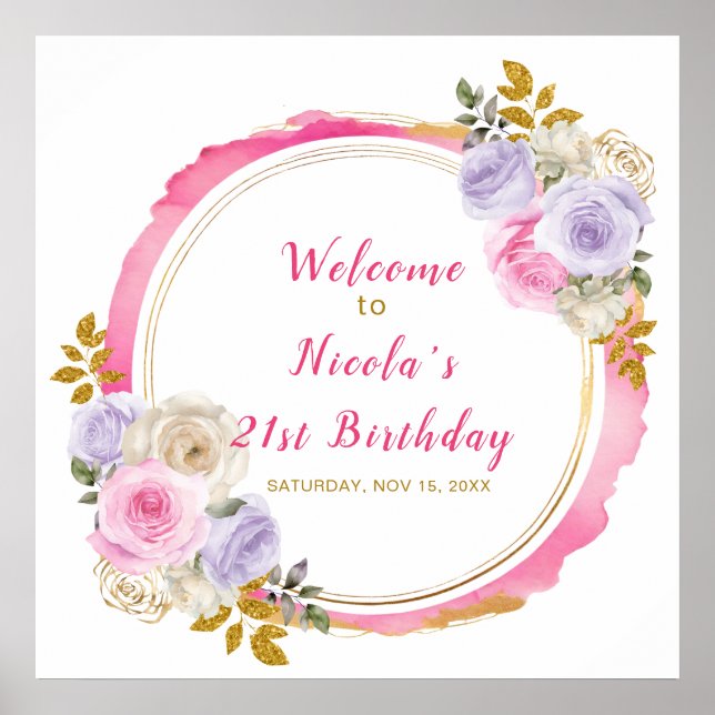 Pink and Purple Elegant Flower Birthday Party  Poster (Front)
