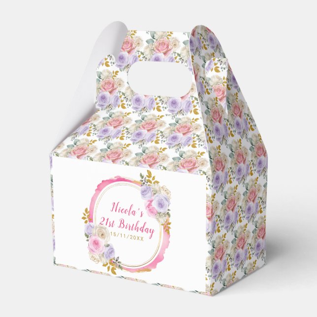 Pink and Purple Elegant Flowers Birthday Favour Box (Front Side)