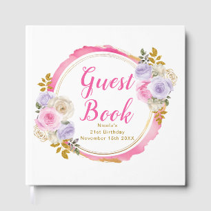 Pink and Purple Elegant Flowers Birthday Party Guest Book