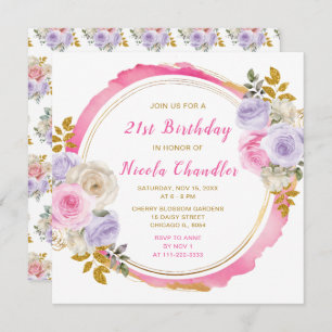 Pink and Purple Elegant Flowers Birthday Party Invitation