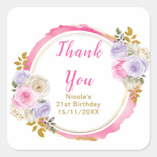 Pink and Purple Elegant Flowers Birthday Party Square Sticker