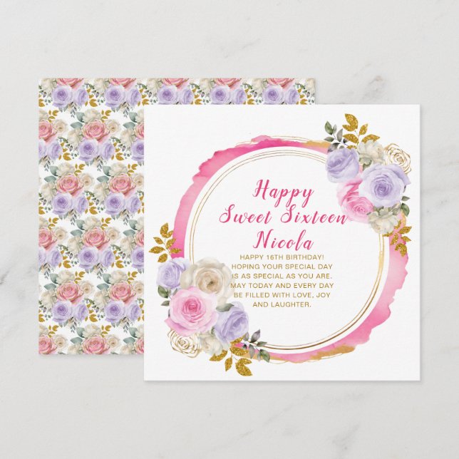 Pink and Purple Elegant Flowers Sweet Sixteen Card (Front/Back)