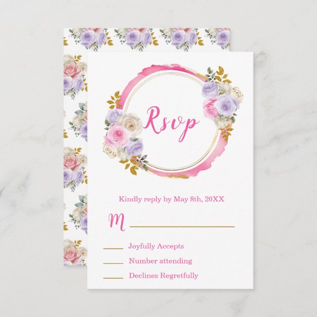 Pink and Purple Elegant Flowers Sweet Sixteen RSVP Card (Front/Back)