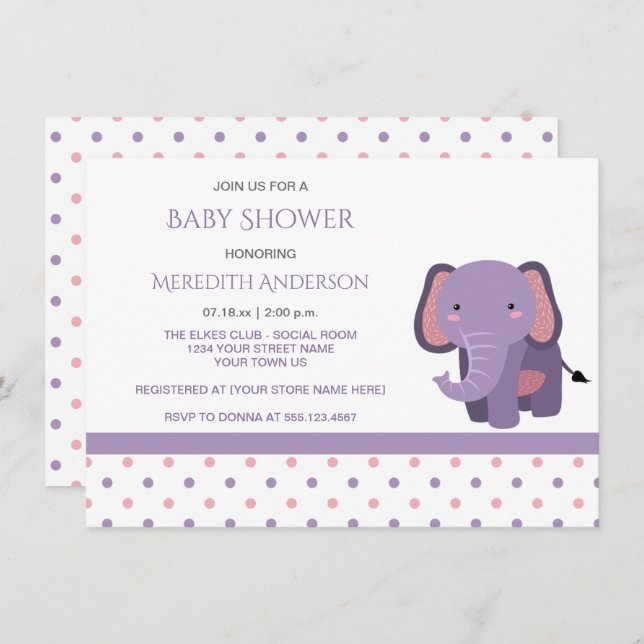Pink and Purple Elephant Baby Shower Invitations (Front/Back)