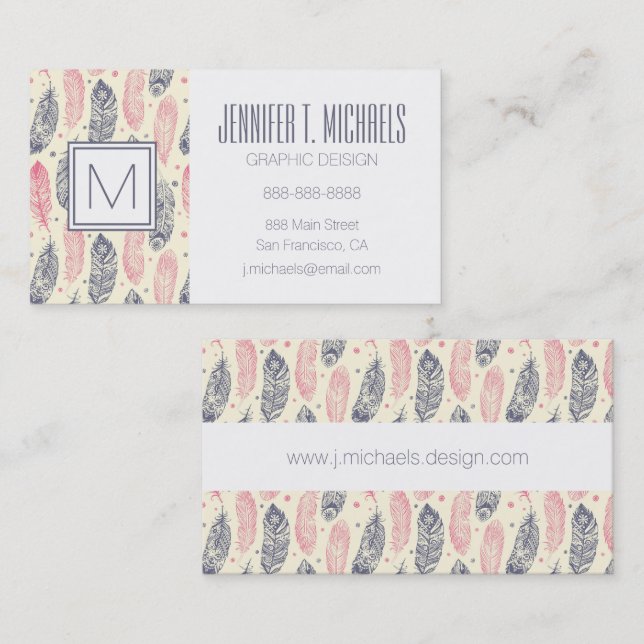 Pink And Purple Ethnic Feather Pattern Business Card (Front/Back)