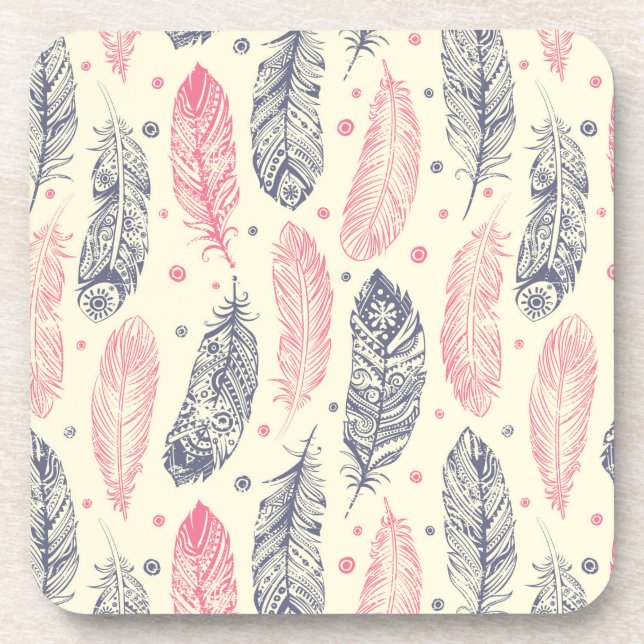 Pink And Purple Ethnic Feather Pattern Coaster (Front)