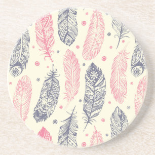 Pink And Purple Ethnic Feather Pattern Coaster