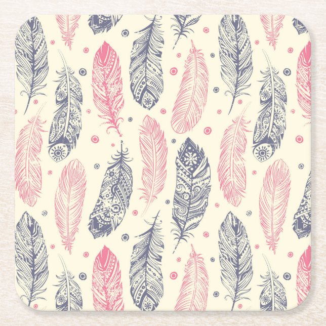 Pink And Purple Ethnic Feather Pattern Square Paper Coaster (Front)