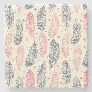 Pink And Purple Ethnic Feather Pattern Stone Coaster