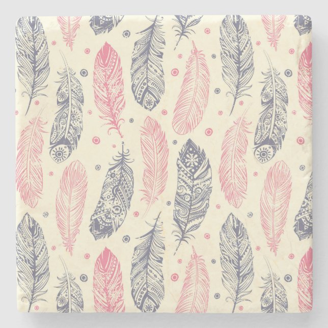Pink And Purple Ethnic Feather Pattern Stone Coaster (Front)