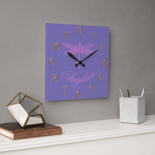 Pink and Purple Fantasy Dragonfly  Square Wall Clock (Office)