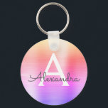 Pink and Purple Faux Stainless Steel Monogram Key Ring<br><div class="desc">Pastel Pink,  Orange and Purple Ombre Faux Stainless Steel Metallic Elegant Keychain. These Keychains can be customised to include your initial and first name. These key chains make great birthday,  bridal shower or bachelorette party favours.</div>