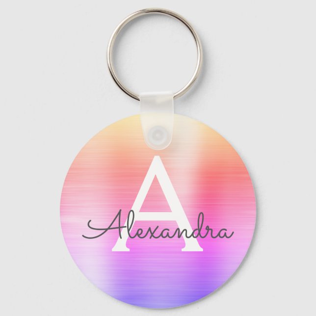 Pink and Purple Faux Stainless Steel Monogram Key Ring (Front)