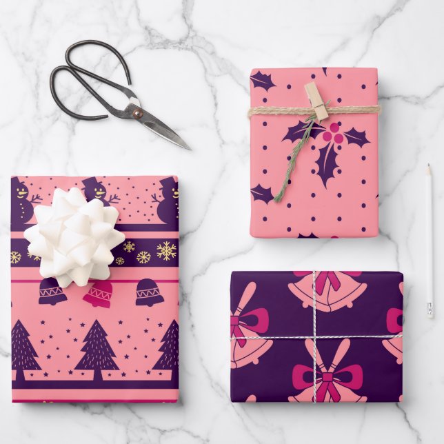 Pink and Purple Festive Holiday Cheer  Wrapping Paper Sheet (Front)