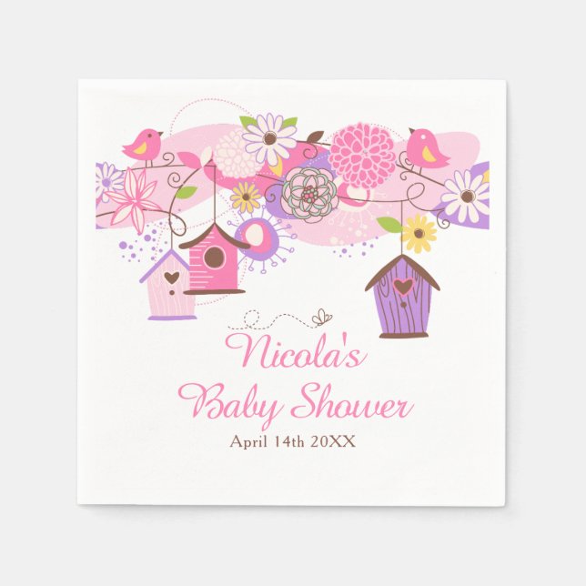 Pink and Purple Floral Bird Cages Baby Shower Napkin (Front)