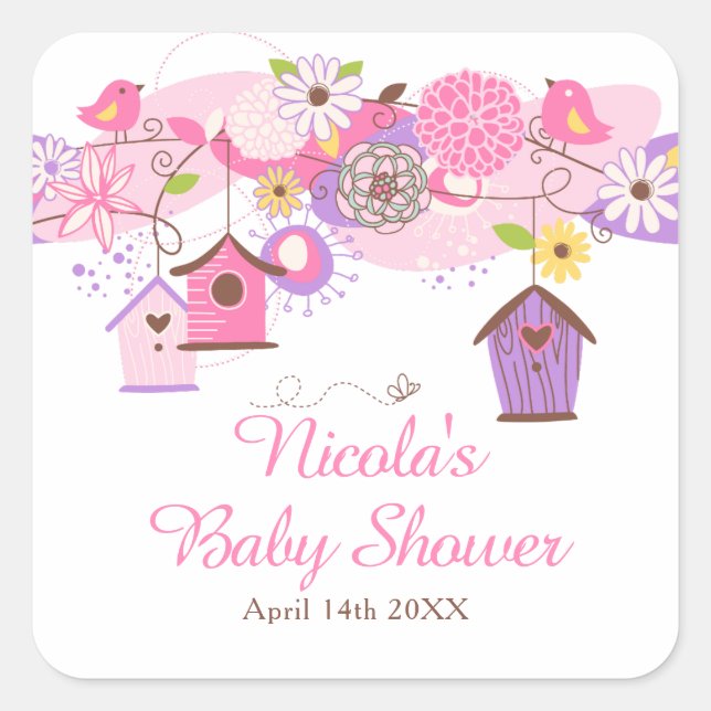 Pink and Purple Floral Bird Cages Baby Shower Square Sticker (Front)