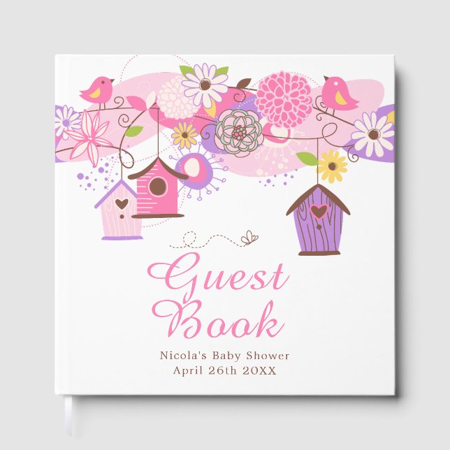 Pink and Purple Floral Bird Houses Baby Shower Guest Book (Front)