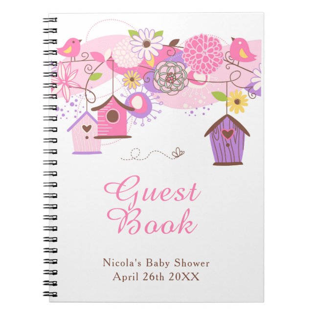 Pink and Purple Floral Bird Houses Baby Shower Notebook (Front)