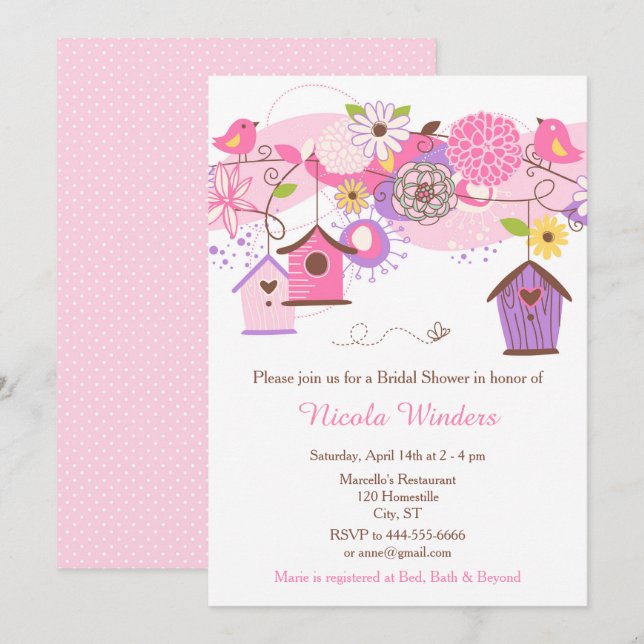 Pink and Purple Floral Bird Houses Bridal Shower Invitation (Front/Back)