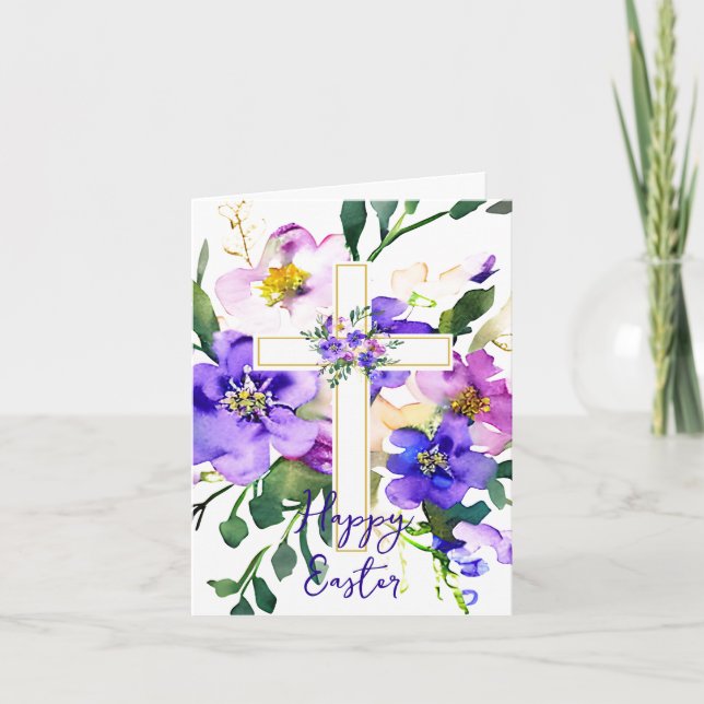 Pink and purple floral cross custom Easter Holiday Card (Front)