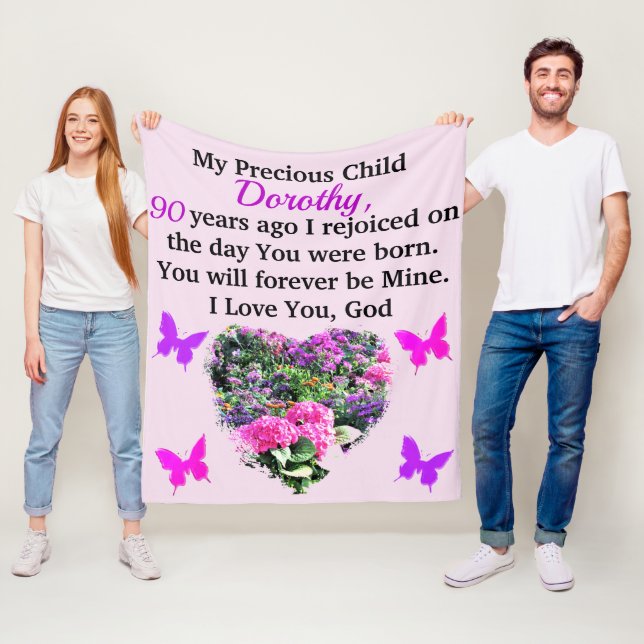 PINK AND PURPLE FLORAL CUSTOM 90TH BIRTHDAY FLEECE BLANKET (In Situ)