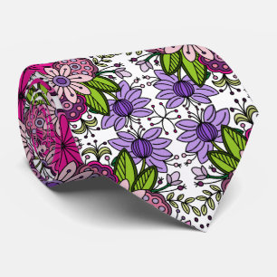 Pink and Purple Floral Flower Garden Folk Art On W Tie