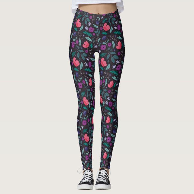 Pink and Purple Floral Illustration Pattern Leggings (Front)