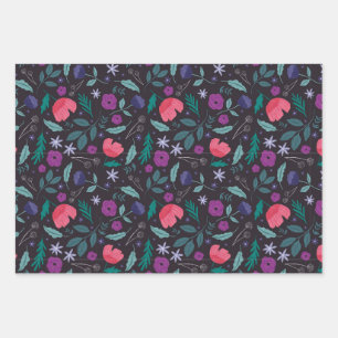 Pink and Purple Floral Illustration Pattern Wrapping Paper Sheet