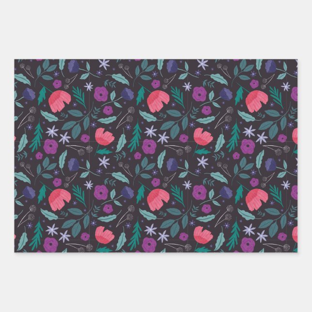 Pink and Purple Floral Illustration Pattern Wrapping Paper Sheet (Front)