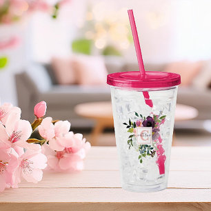 Pink and purple floral personalised acrylic tumbler