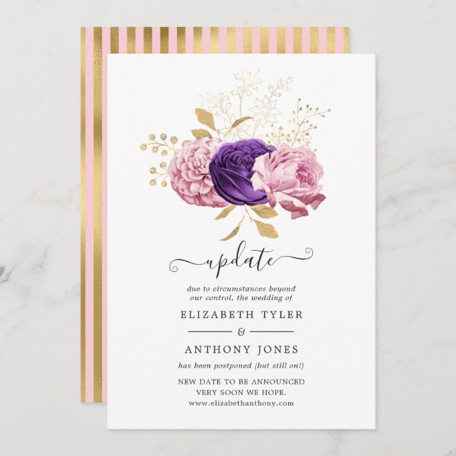 Pink and Purple Floral Postponed Wedding Update Invitation (Front/Back)