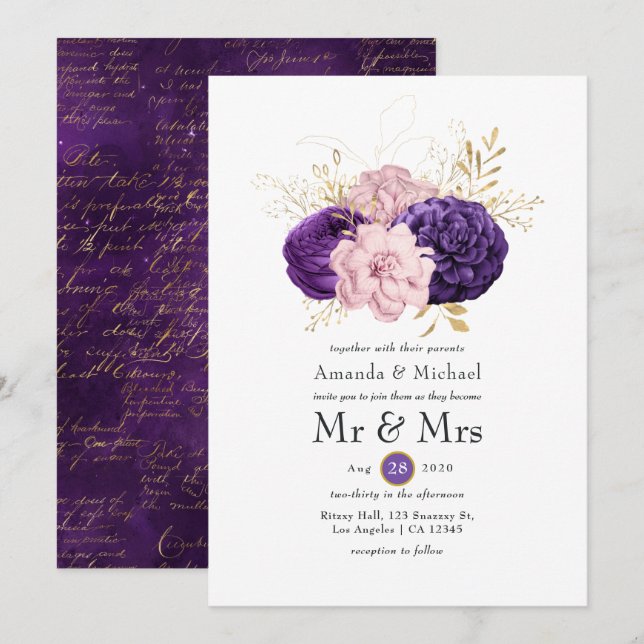 Pink and Purple Floral Wedding Invitation (Front/Back)