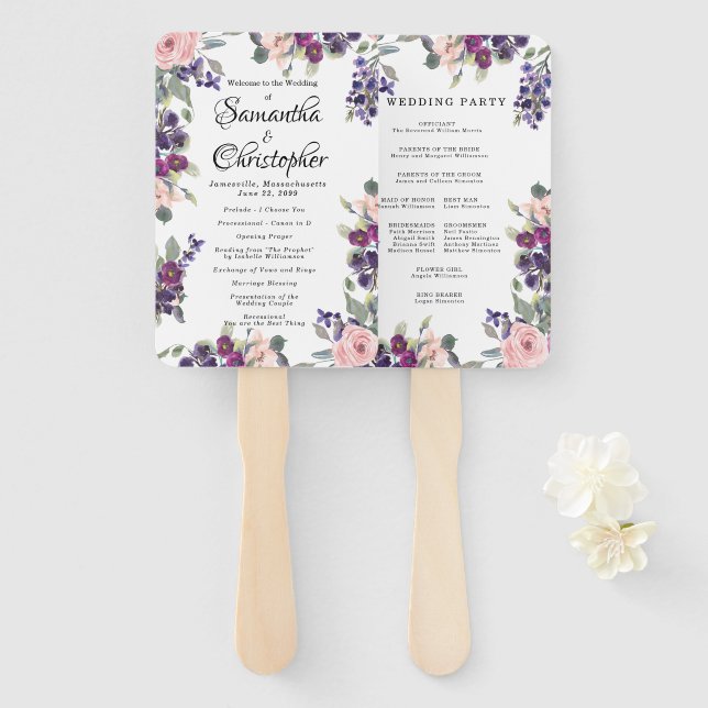 PInk and Purple Floral Wedding Program Hand Fan (Front and Back)