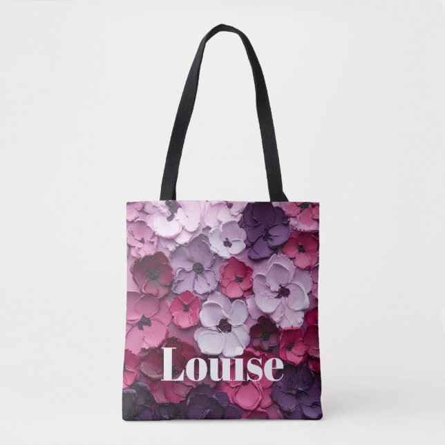 pink and purple Flower Design with individual name Tote Bag (Front)