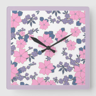 PINK AND PURPLE FLOWER PATTERN SQUARE WALL CLOCK
