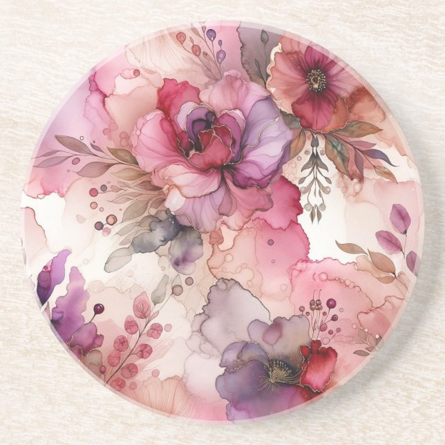 Pink and Purple Flowers Alcohol Ink Illustration  Coaster (Front)