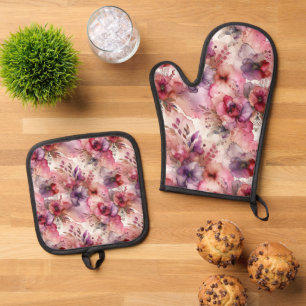 Pink and Purple Flowers Alcohol Ink Illustration  Oven Mitt & Pot Holder Set