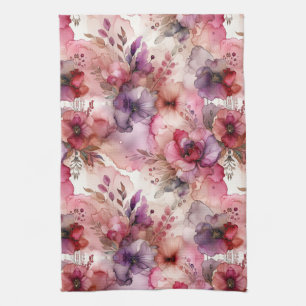 Pink and Purple Flowers Alcohol Ink Illustration  Tea Towel