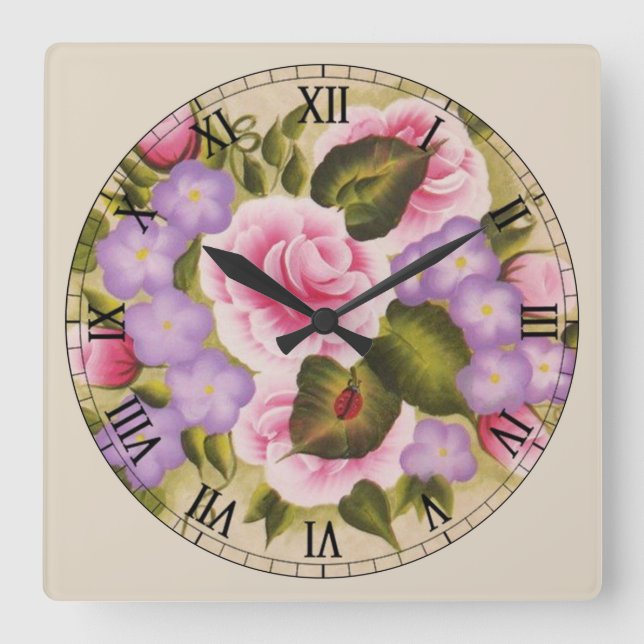 Pink and Purple Flowers and a Lady Bug Square Wall Clock (Front)
