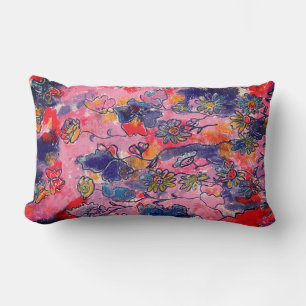Pink and Purple Flowers Garden Original Watercolor Lumbar Cushion