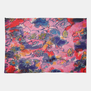 Pink and Purple Flowers Garden Original Watercolor Tea Towel