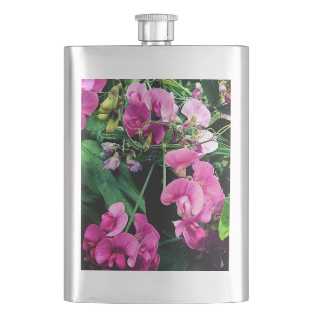 Pink and purple flowers hip flask (Front)